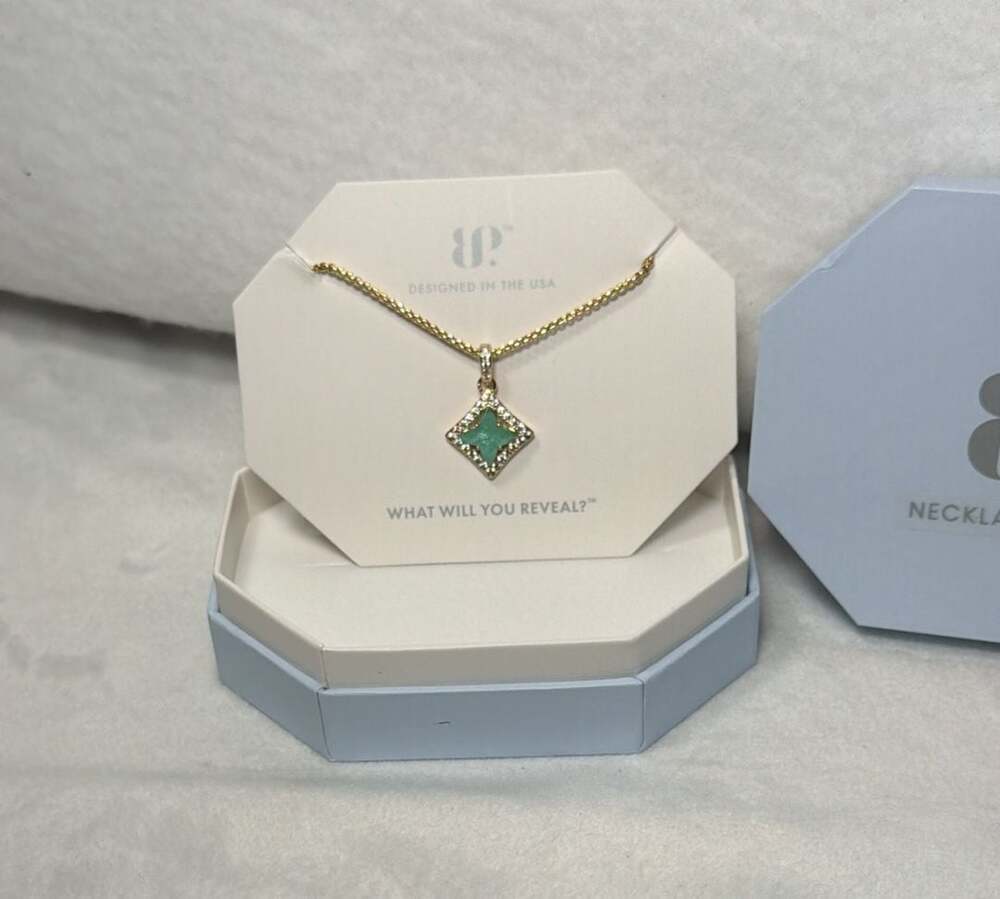 BP Kite Soirée Necklace Created Aqua Quartz & Gold Quatrifoil